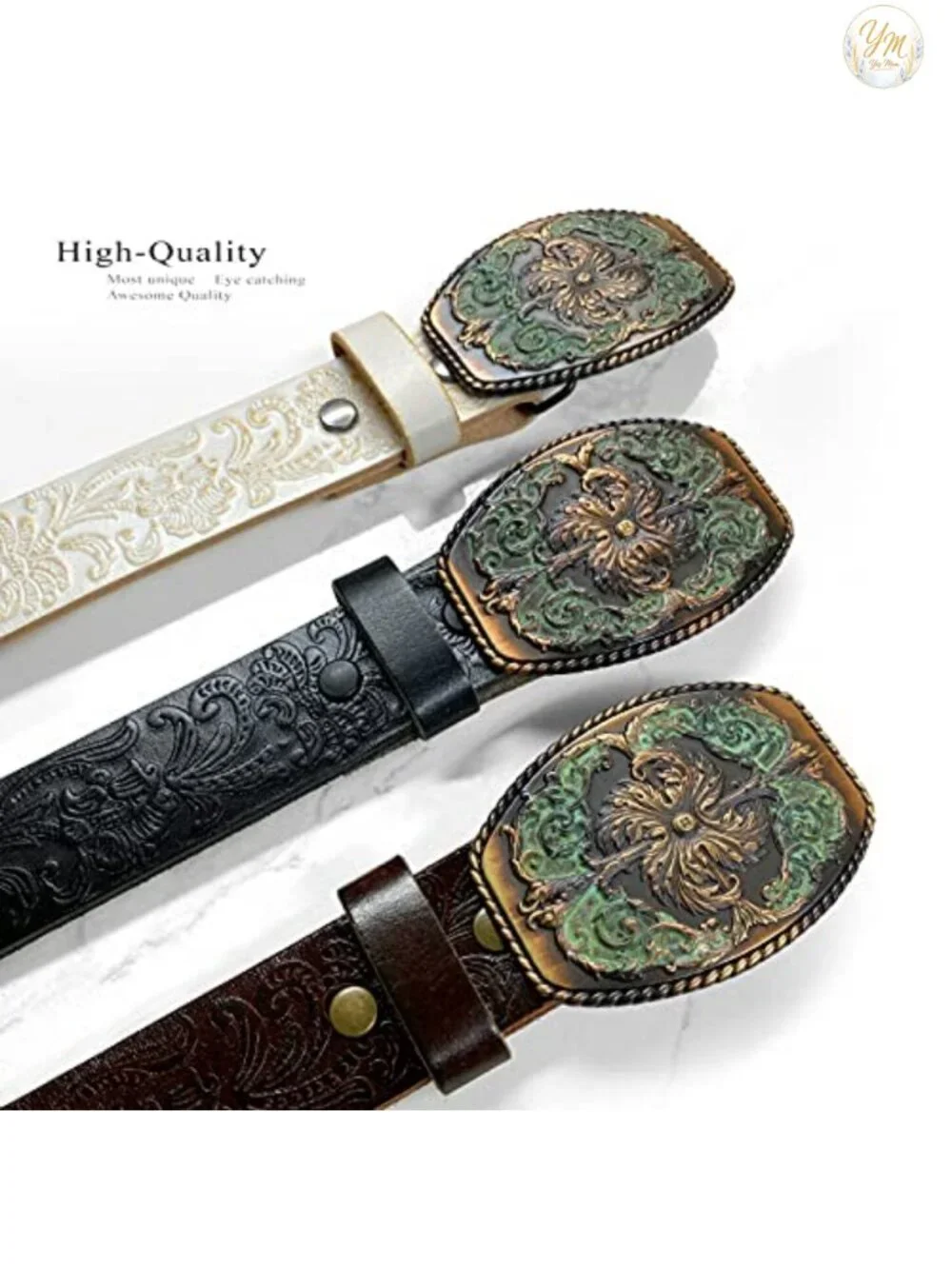 Western Floral Engraved Buckle Full Grain Genuine Leather Belt 1.5